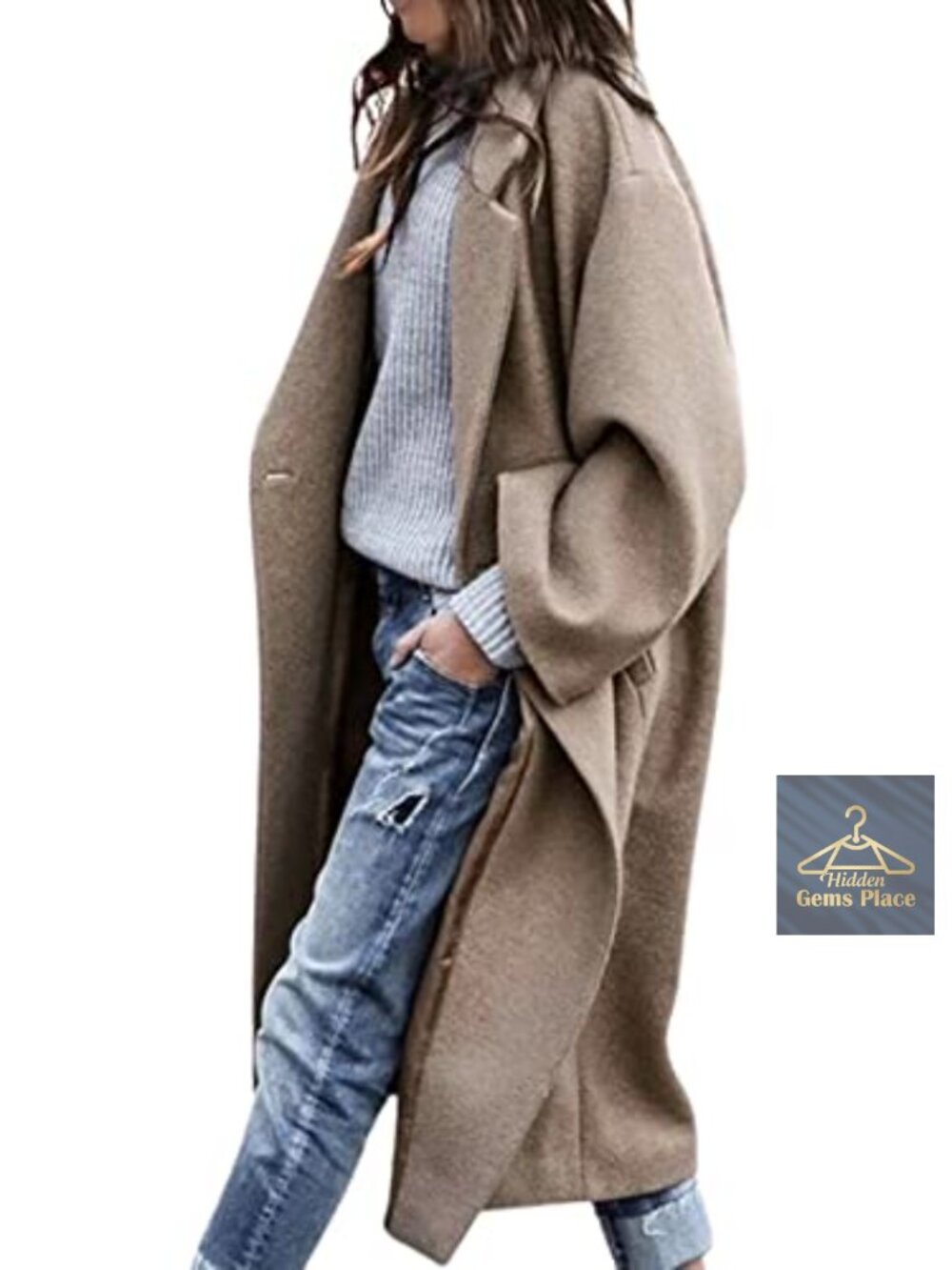 Women's Oversized Wool Blend Double-Breasted Notched Collar Midi Trench Coat